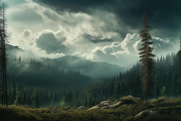 Un paysage de montagne avec une forêt et des montagnes en arrière-plan.