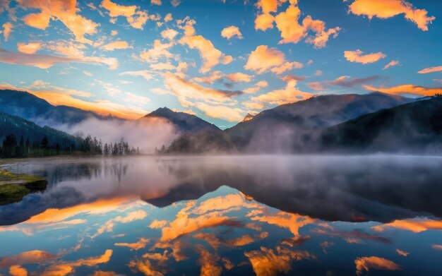 Photo paysage de montagne, forêt, pierres et lac avec réflexion