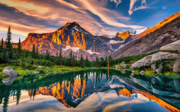 Paysage de montagne, forêt, pierres et lac avec réflexion