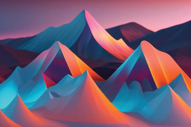 Paysage de montagne futuriste Low Poly éclairé en arrière-plan dans le monde virtuel numériqueIA générative