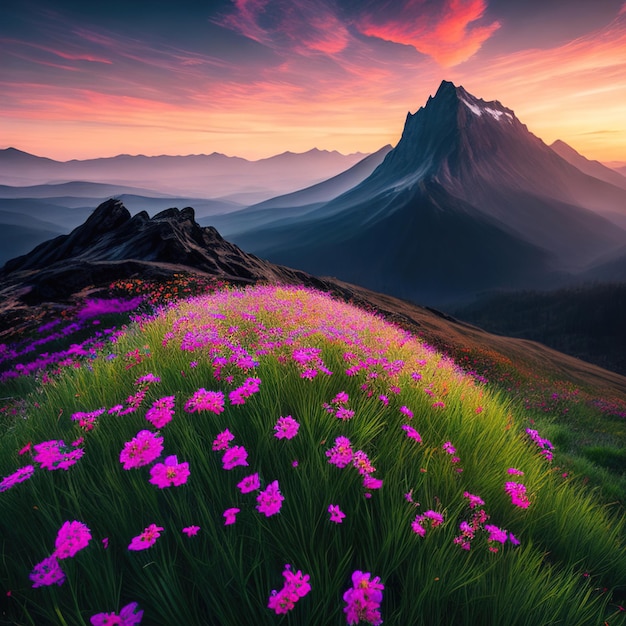 Paysage de montagne avec herbe et fleurs