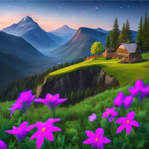 Paysage de montagne avec herbe et fleurs