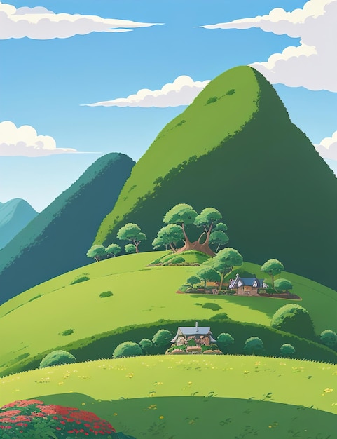 Paysage de montagne avec de l'herbe verte