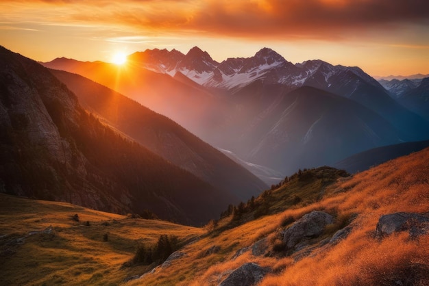 Paysage de montagne à l'heure d'or du coucher du soleil