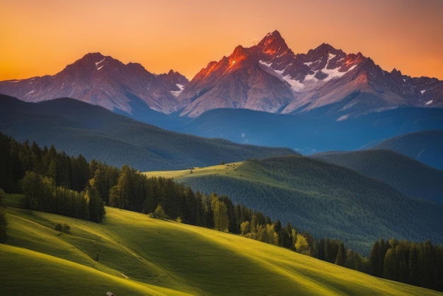 Paysage de montagne à l'heure d'or du coucher du soleil