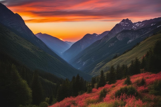 Paysage de montagne à l'heure d'or du coucher du soleil