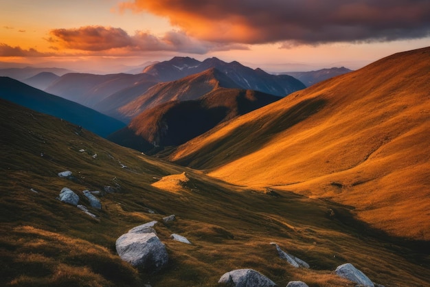 Paysage de montagne à l'heure d'or du coucher du soleil