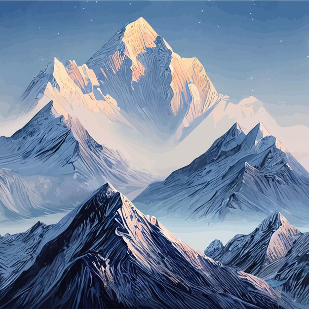 Paysage de montagne d'illustration réaliste avec une forêt de colline avec des conifères sous l'hiver bleu