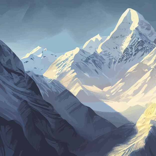 Paysage de montagne d'illustration réaliste avec une forêt de colline avec des conifères sous l'hiver bleu