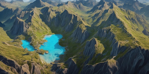 Un paysage de montagne avec un lac au milieu