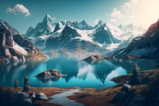 Paysage de montagne et de lac bleu 8k