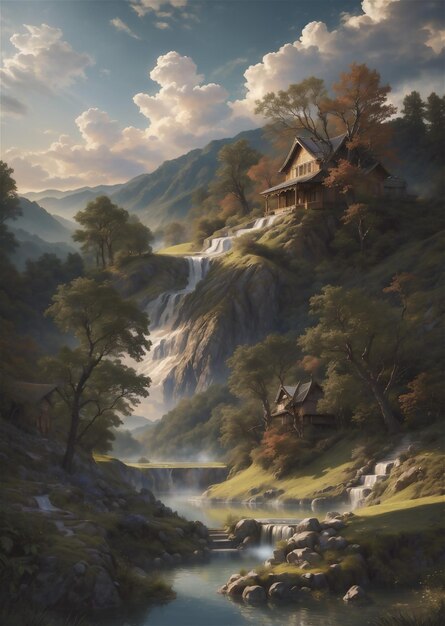 Paysage de montagne et de lac Dessin animé montagnes rocheuses scène de forêt et de rivière Faune mystique