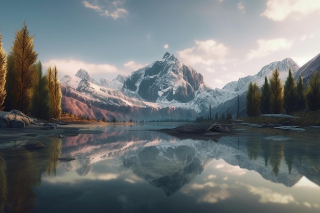 Un paysage de montagne avec un lac et une montagne en arrière-plan.