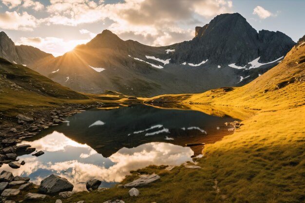 Un paysage de montagne avec un lac et des montagnes en arrière-plan