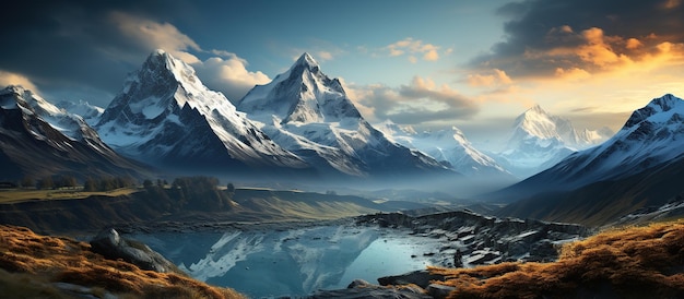 Paysage de montagne avec lac et réflexion dans l'eau