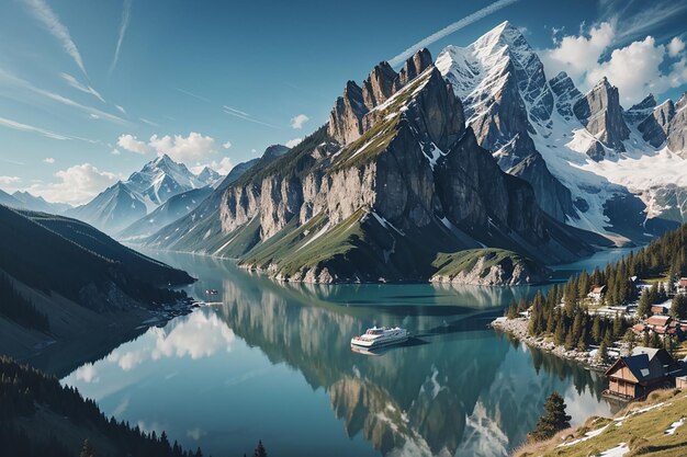 Paysage avec une montagne et un lac