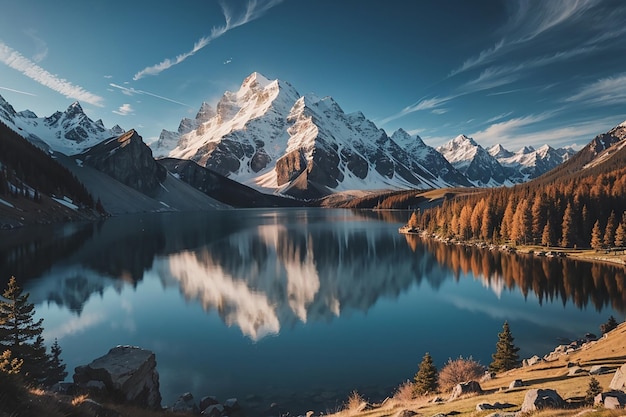 Paysage avec une montagne et un lac