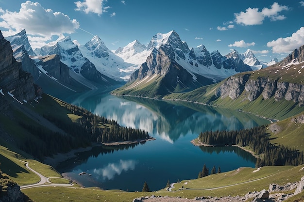 Paysage avec une montagne et un lac