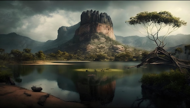 Un paysage avec une montagne et un lac