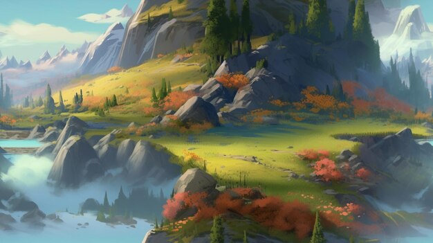 Un paysage avec une montagne et un lac