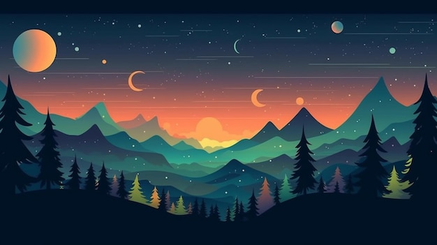 Un paysage de montagne avec la lune et les étoiles.