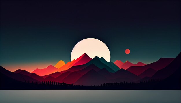 Un paysage de montagne avec une lune et un soleil