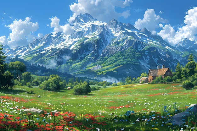 Paysage de montagne avec une maison