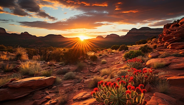 Paysage de montagne majestueux, ciel coucher de soleil, nature tranquille, destination de voyage célèbre générée par l'intelligence artificielle