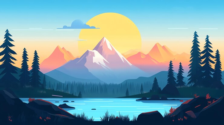 Photo paysage de montagne minimaliste avec un lac et un coucher de soleil