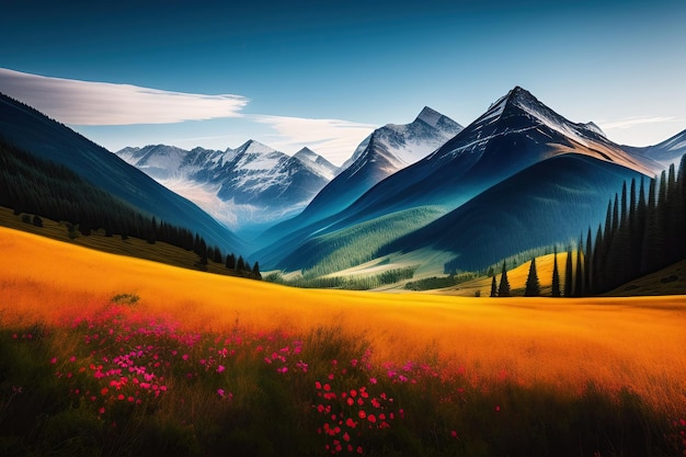 Un paysage de montagne avec des montagnes et des fleurs au premier plan.
