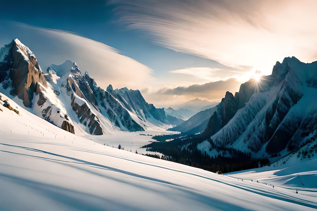 Un paysage de montagne avec de la neige et des montagnes en arrière-plan