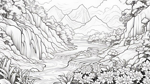 Photo paysage de montagne pages à colorier avec des fleurs et des montagnes