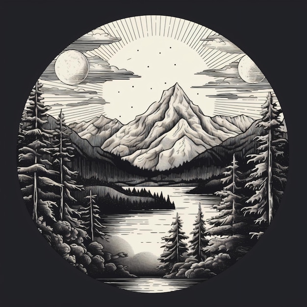 Paysage de montagne panorama aventure tshirt ou tatouage illustration noir amp logo blanc