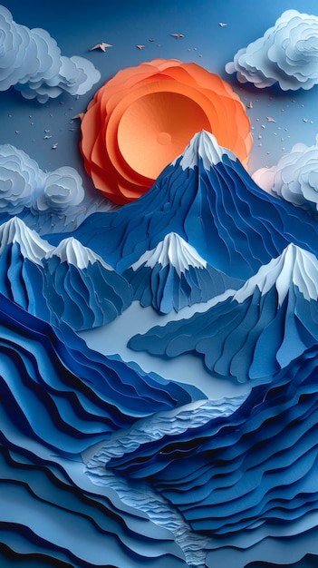 Paysage de montagne de papier montagnes bleues et soleil fait de papier