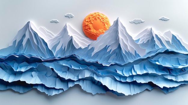 Paysage de montagne de papier montagnes bleues et soleil fait de papier
