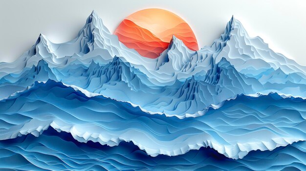 Paysage de montagne de papier montagnes bleues et soleil fait de papier