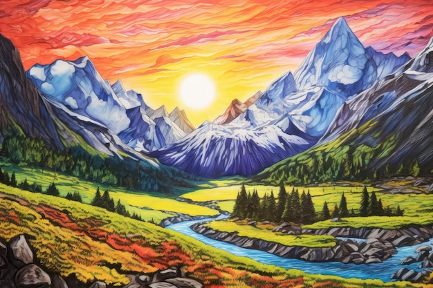 Photo un paysage de montagne peint avec des crayons