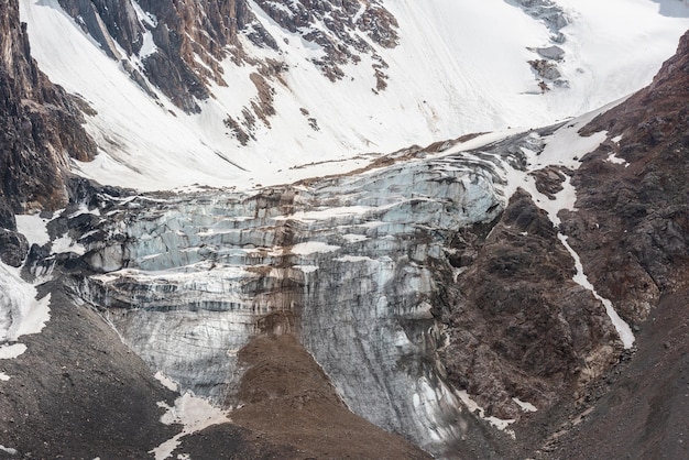 Paysage de montagne pittoresque avec gros plan de glacier vertical ensoleillé Belle vue alpine sur un grand glacier avec cascade de glace au soleil Superbe paysage de montagne avec cascade de glace sur les rochers Texture de la nature