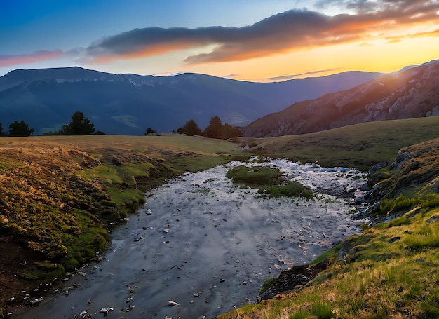Le paysage de montagne pittoresque avec un ruisseau sur fond de ciel coucher de soleil