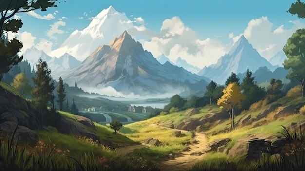 Paysage de montagne réaliste dans un style de bande dessinée numérique pour les illustrations de concept de jeux vidéo