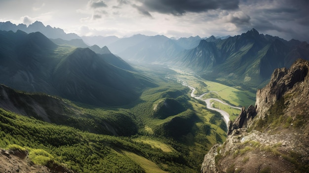 Un paysage de montagne avec une rivière au premier plan et des montagnes en arrière-plan.