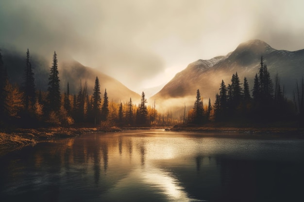 Un paysage de montagne avec une rivière et une forêt avec un ciel nuageux