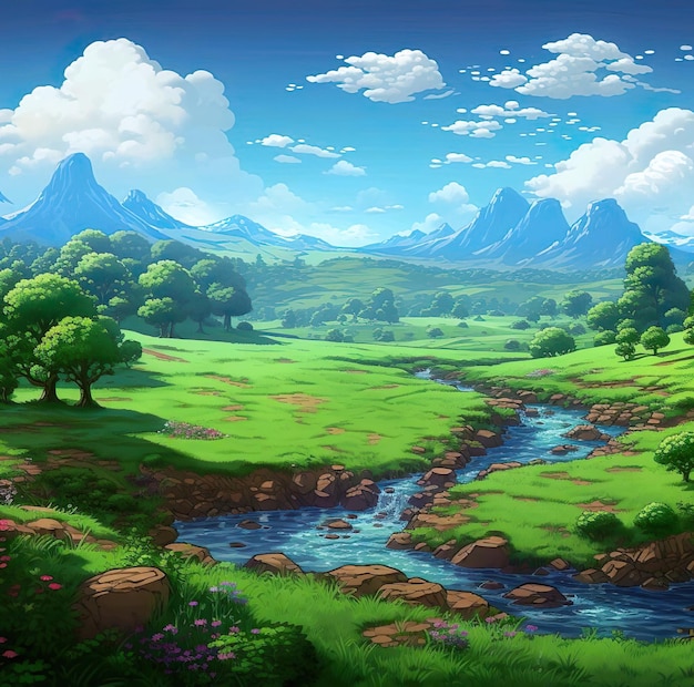 Un paysage de montagne avec une rivière et des montagnes en arrière-plan Peinture d'animation