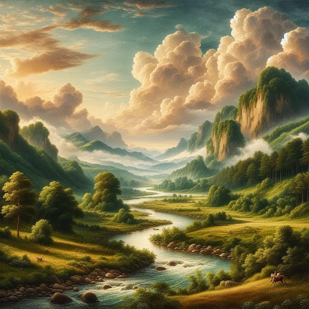 Photo un paysage de montagne avec une rivière et des montagnes en arrière-plan
