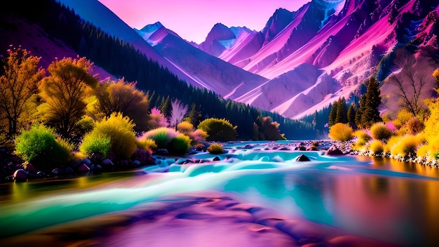 Un paysage de montagne avec une rivière et des montagnes en arrière-plan