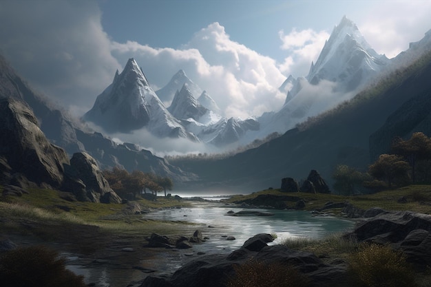 Un paysage de montagne avec une rivière et des montagnes en arrière-plan.
