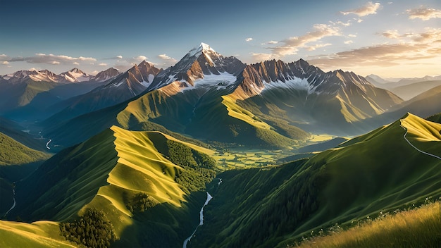 Photo un paysage de montagne avec une rivière qui le traverse