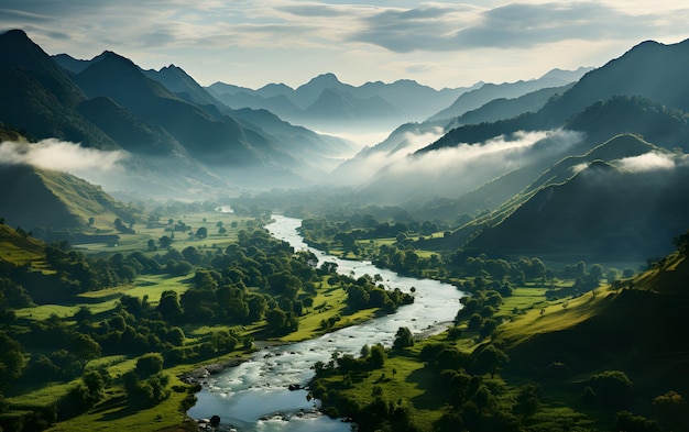 Paysage de montagne avec rivière et vallée le matin