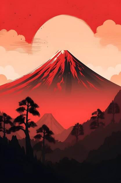 Un paysage de montagne rouge avec une montagne et un arbre avec un coucher de soleil en arrière-plan