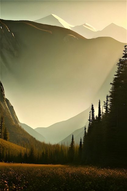 Un paysage de montagne avec une route et des arbres au premier plan.